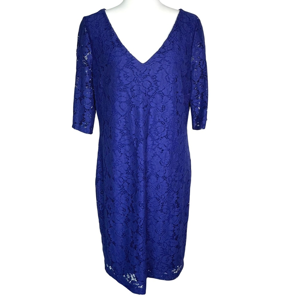 LAUREN RALPH LAUREN Womens 14 Blue Lace Lined 3/4 Sleeve V-Neck Midi Dress Party